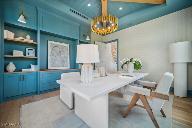 187 10th Ave S, Naples, FL 34102 - office featuring wallpapered walls, light wood-style floors, recessed lighting, a chandelier, and wood ceiling