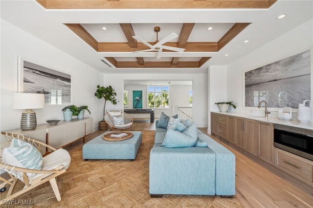 187 10th Ave S, Naples, FL 34102 - living room featuring coffered ceiling, beam ceiling, light wood-type flooring, recessed lighting, and ceiling fan