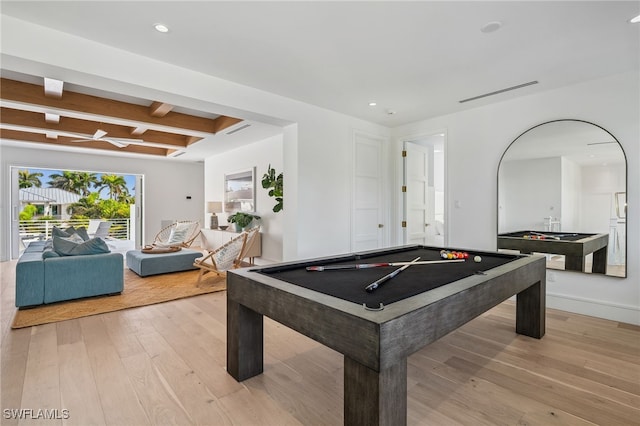 187 10th Ave S, Naples, FL 34102 - recreation room featuring pool table, light wood finished floors, coffered ceiling, beam ceiling, and recessed lighting
