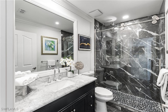 bathroom featuring crown molding, a marble finish shower, visible vents, toilet, and vanity