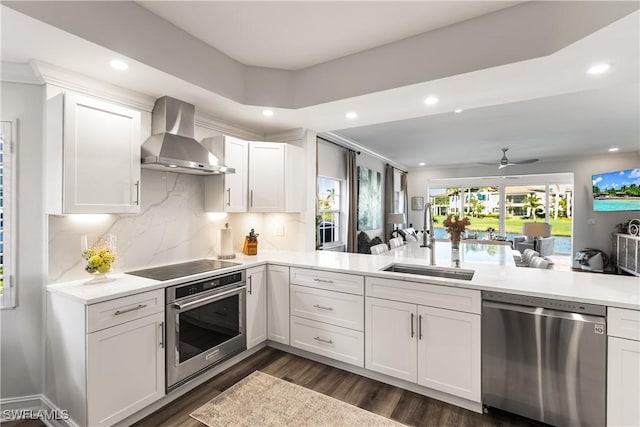 kitchen with a sink, white cabinets, light countertops, appliances with stainless steel finishes, and wall chimney range hood