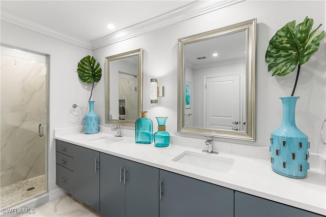 bathroom featuring marble finish floor, a sink, a marble finish shower, and crown molding