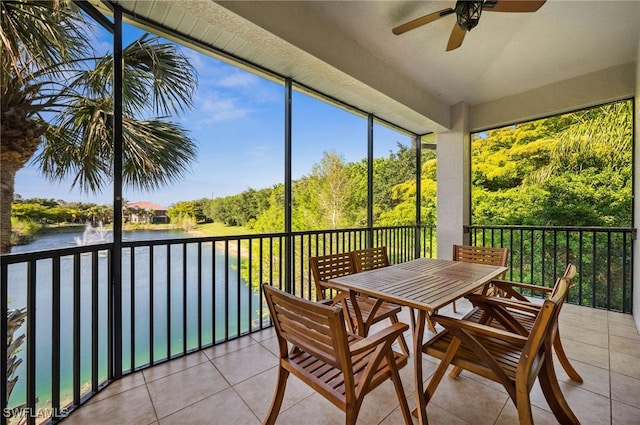 sunroom / solarium featuring a water view and ceiling fan