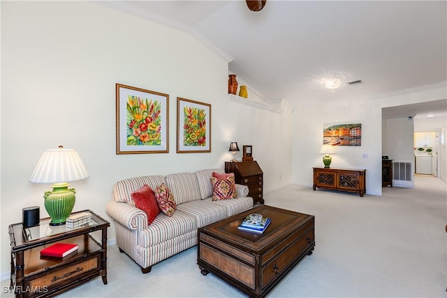 carpeted living room featuring ornamental molding and vaulted ceiling