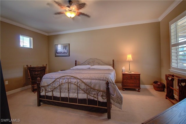 bedroom featuring light carpet, ceiling fan, and ornamental molding