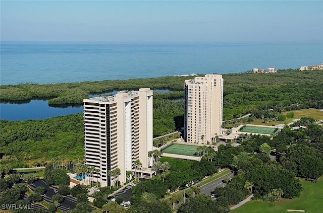 birds eye view of property with a water view