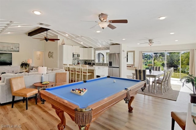 playroom featuring ceiling fan, billiards, lofted ceiling with beams, and light hardwood / wood-style floors