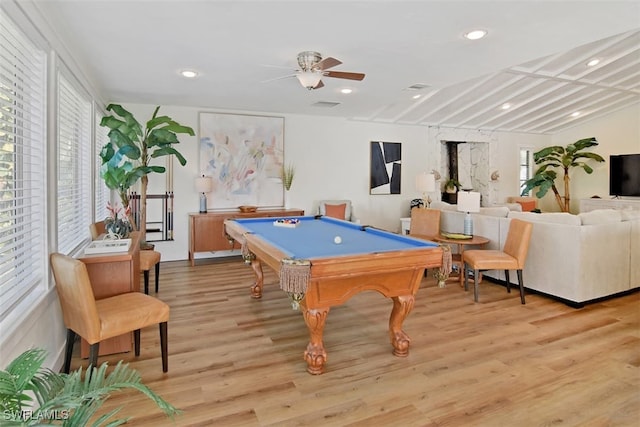 recreation room featuring a wealth of natural light, light wood-type flooring, ceiling fan, and billiards