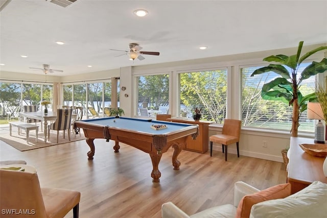 playroom featuring pool table, ceiling fan, and light hardwood / wood-style floors