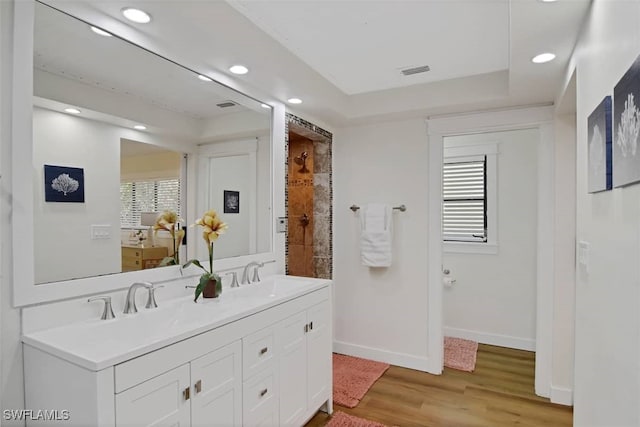 bathroom with vanity, hardwood / wood-style flooring, and a tray ceiling