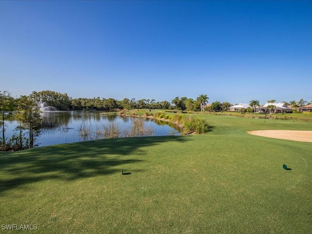 view of home's community with a lawn and a water view