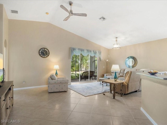 living room featuring light tile patterned floors, ceiling fan, and lofted ceiling