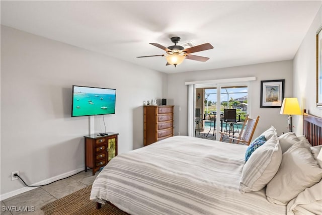 bedroom with access to outside, ceiling fan, and light tile patterned floors