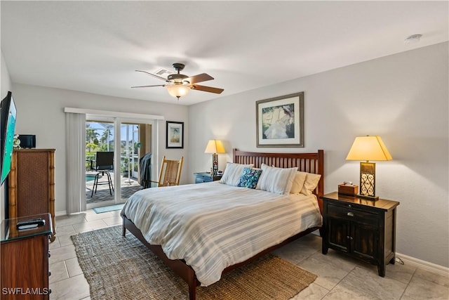 tiled bedroom with ceiling fan and access to outside