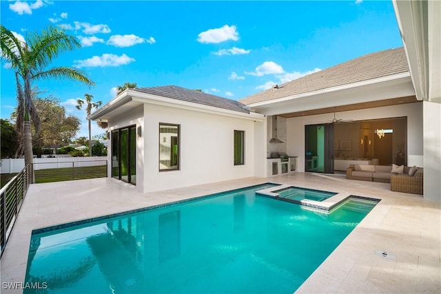 1364 Cypress Woods Dr, Naples, FL 34103 - back of house with a patio area, stucco siding, an outdoor hangout area, and a pool with connected hot tub