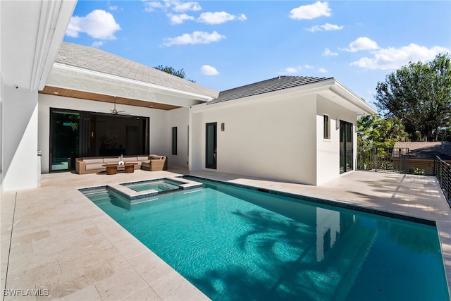 view of pool featuring an outdoor living space, ceiling fan, an in ground hot tub, and a patio