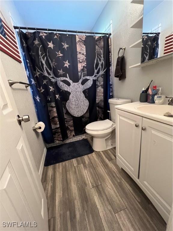 bathroom featuring hardwood / wood-style floors, vanity, and toilet