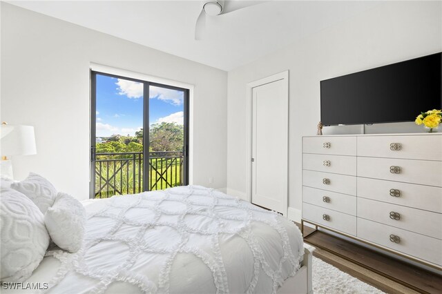 bedroom featuring access to exterior and ceiling fan