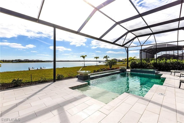 view of pool with a water view, glass enclosure, and a patio area