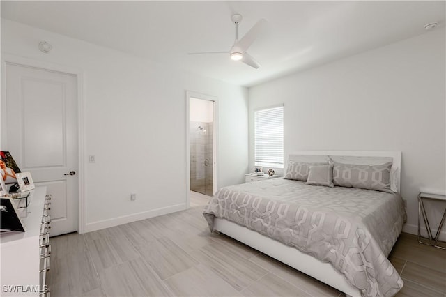 bedroom featuring connected bathroom and ceiling fan