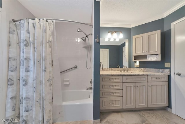 bathroom with shower / bath combo, crown molding, a textured ceiling, and vanity