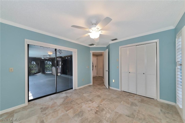 unfurnished bedroom with a closet, ceiling fan, and ornamental molding