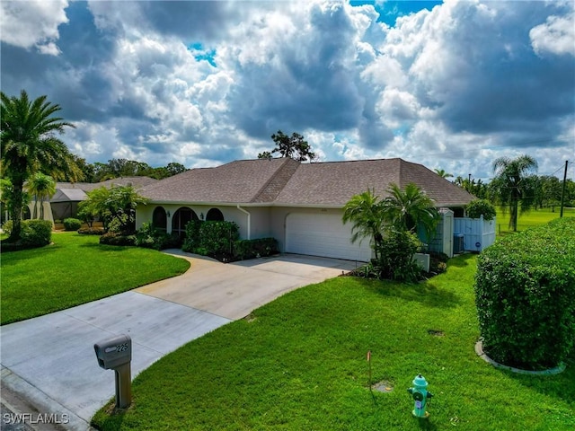 single story home featuring a garage and a front yard