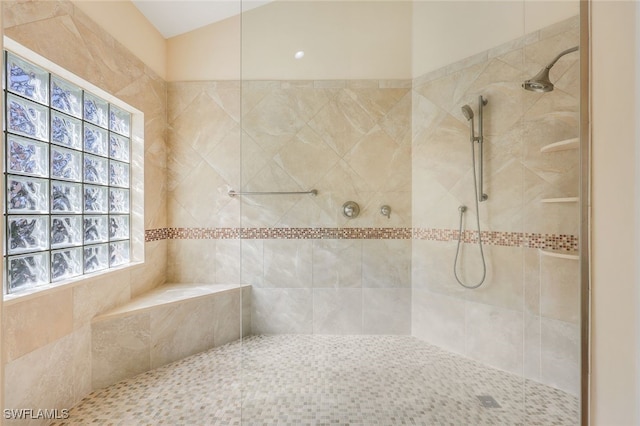 bathroom with tiled shower and a wealth of natural light