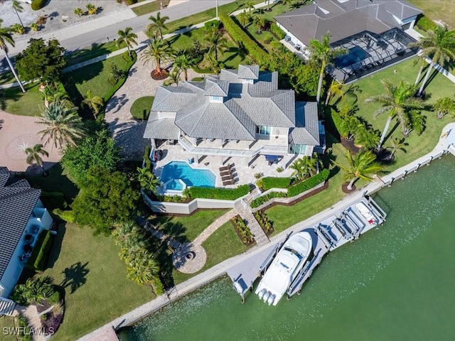 aerial view featuring a water view