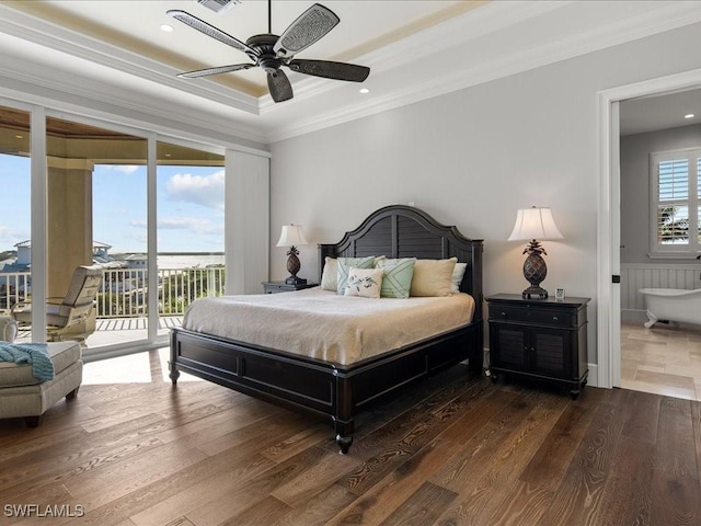 bedroom with access to outside, ceiling fan, ornamental molding, and dark hardwood / wood-style floors