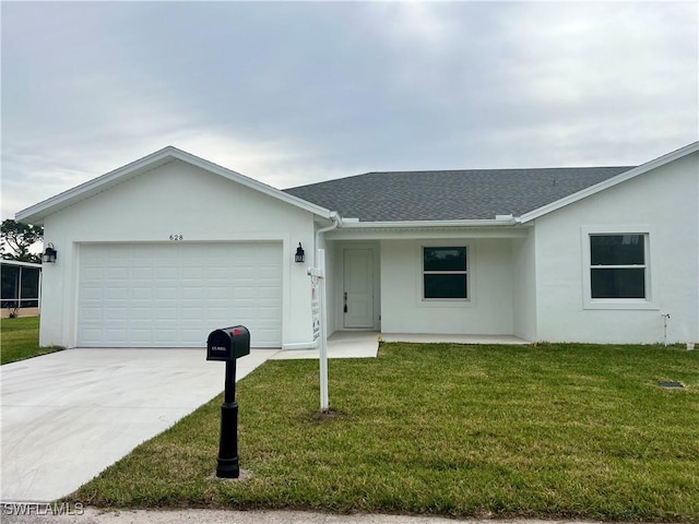 ranch-style house with a garage and a front lawn