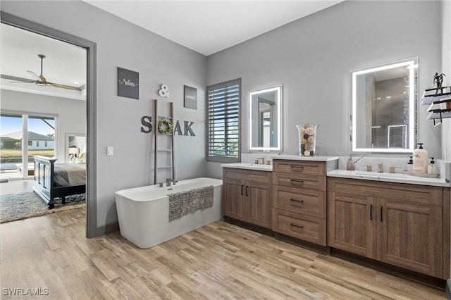 bathroom with a healthy amount of sunlight, vanity, hardwood / wood-style flooring, and a tub