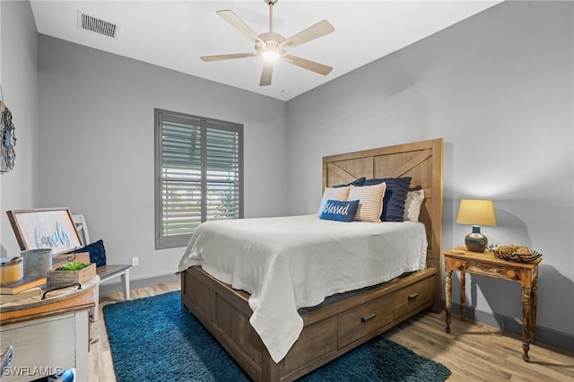 bedroom with hardwood / wood-style floors and ceiling fan