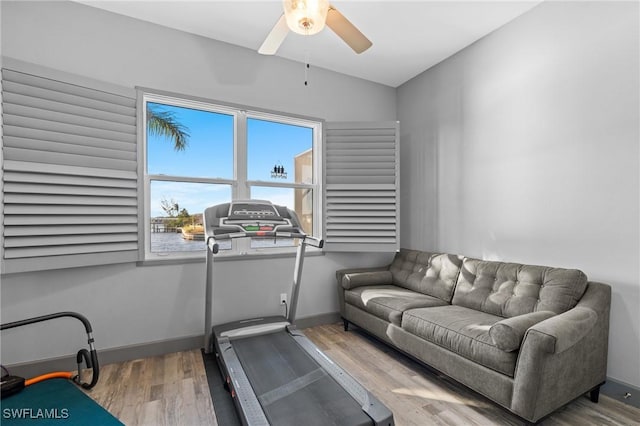 workout area with ceiling fan and hardwood / wood-style floors