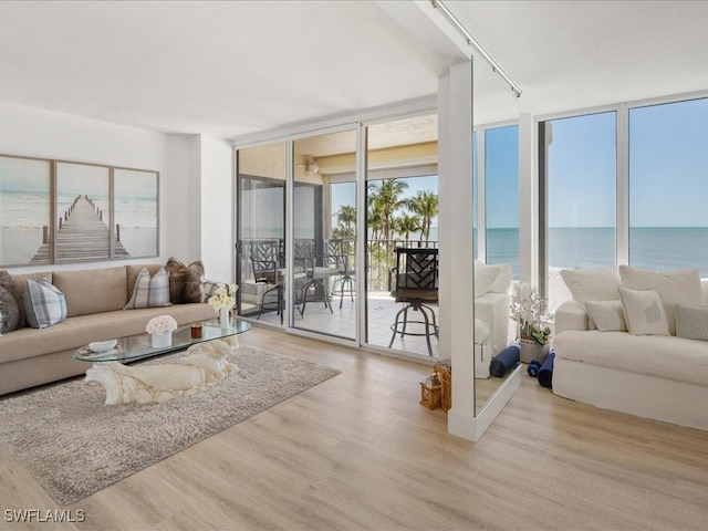 living room featuring a water view, a wall of windows, and light hardwood / wood-style floors