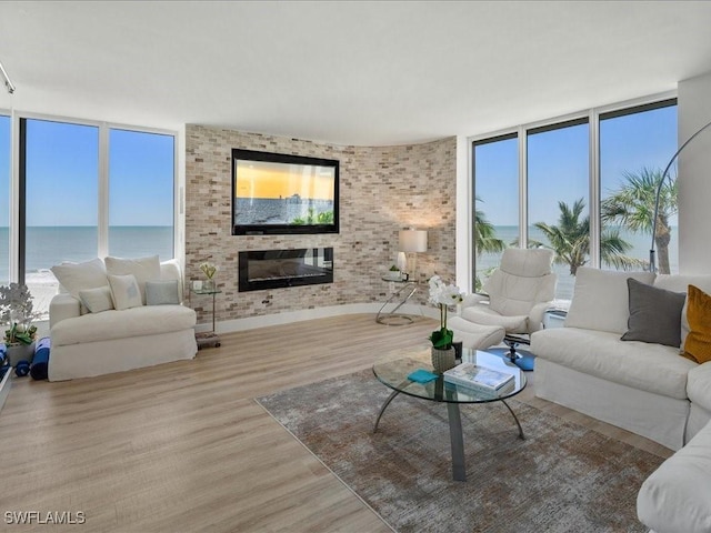 living room with a water view, expansive windows, a fireplace, and light hardwood / wood-style floors