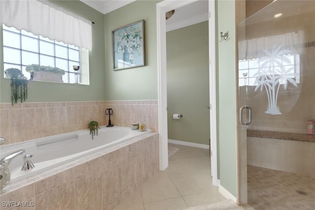 bathroom with tile patterned floors and plus walk in shower