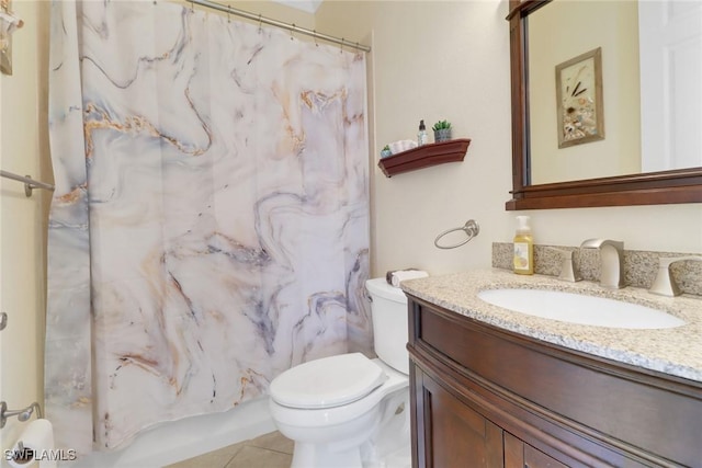 full bathroom featuring tile patterned floors, vanity, shower / bath combination with curtain, and toilet