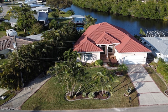 drone / aerial view featuring a water view