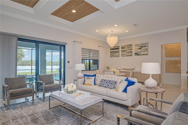 living room with wood ceiling, ornamental molding, a notable chandelier, beam ceiling, and coffered ceiling