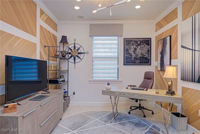 office featuring ornamental molding and wood walls