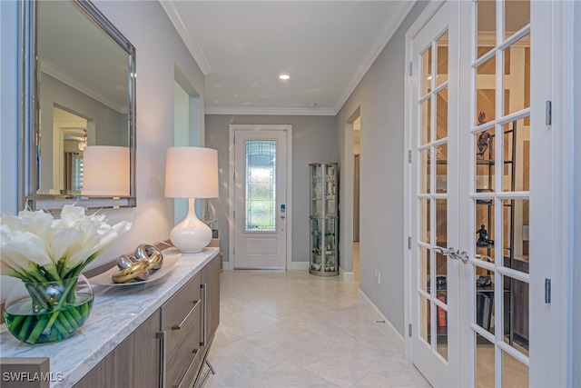 interior space featuring crown molding and french doors