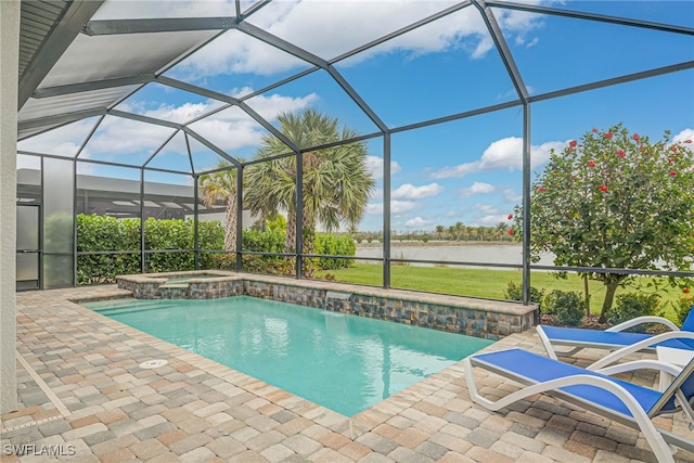 view of swimming pool with a lanai, a water view, an in ground hot tub, and a patio