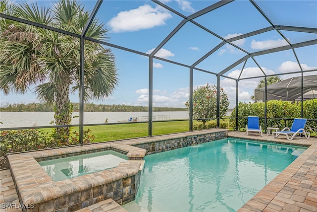 view of pool featuring an in ground hot tub, a lanai, a water view, and a patio area