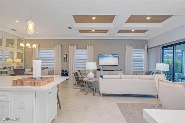 living room featuring coffered ceiling, wooden ceiling, a chandelier, ornamental molding, and beamed ceiling