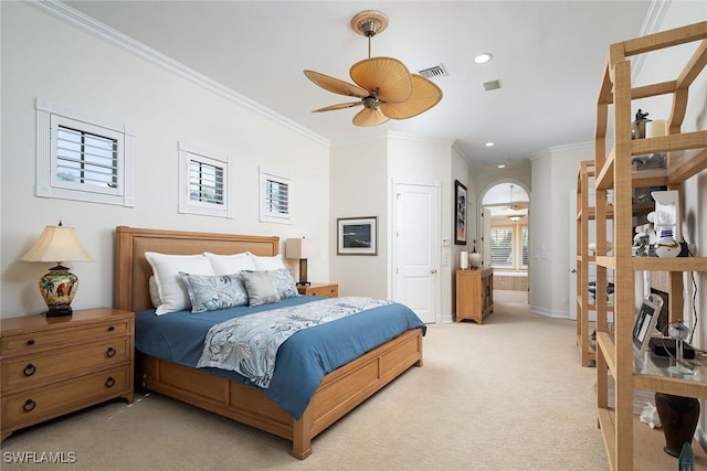 bedroom with a closet, ceiling fan, crown molding, and light carpet