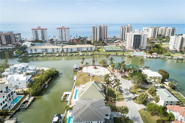 drone / aerial view featuring a water view