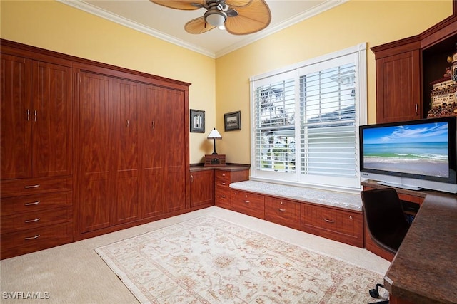 carpeted home office featuring ceiling fan and crown molding