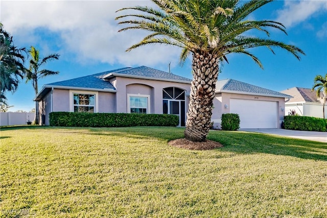 view of front of home with a front yard and a garage