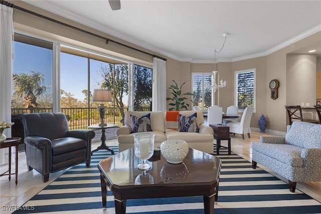 living room with ornamental molding, light tile patterned floors, and a notable chandelier